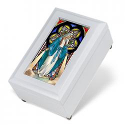  STAINED GLASS WITH REAL WOOD OUR LADY OF GRACE WHITE MUSIC BOX 